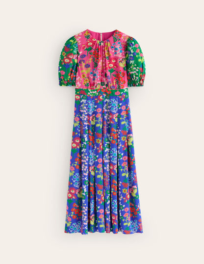 Liv Pleat Detail Midi Dress-Multi, Wildflower Cluster