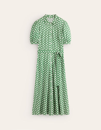 Libby Jersey Midi Shirt Dress-Green, Honeycomb Geo