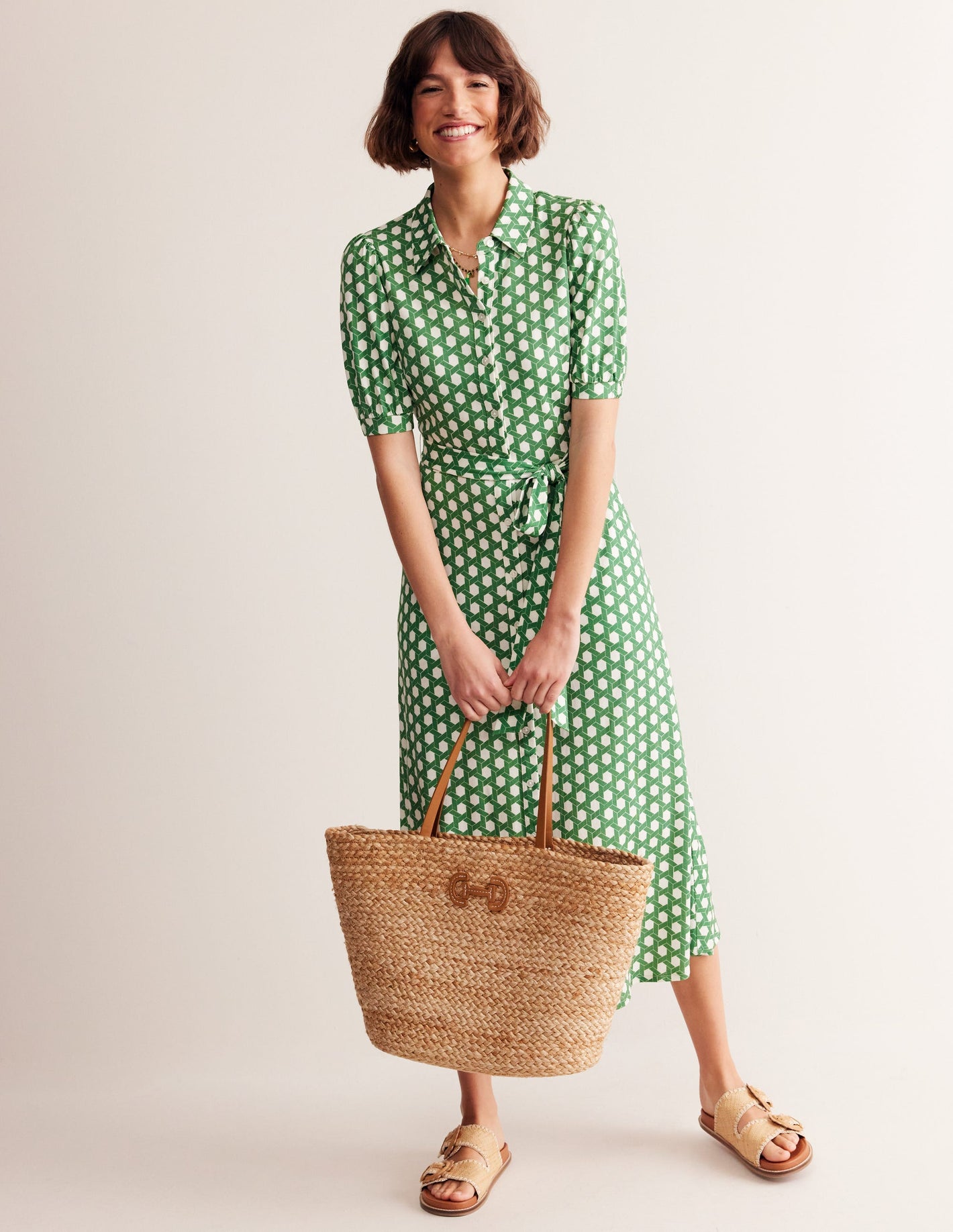 Libby Jersey Midi Shirt Dress-Green, Honeycomb Geo