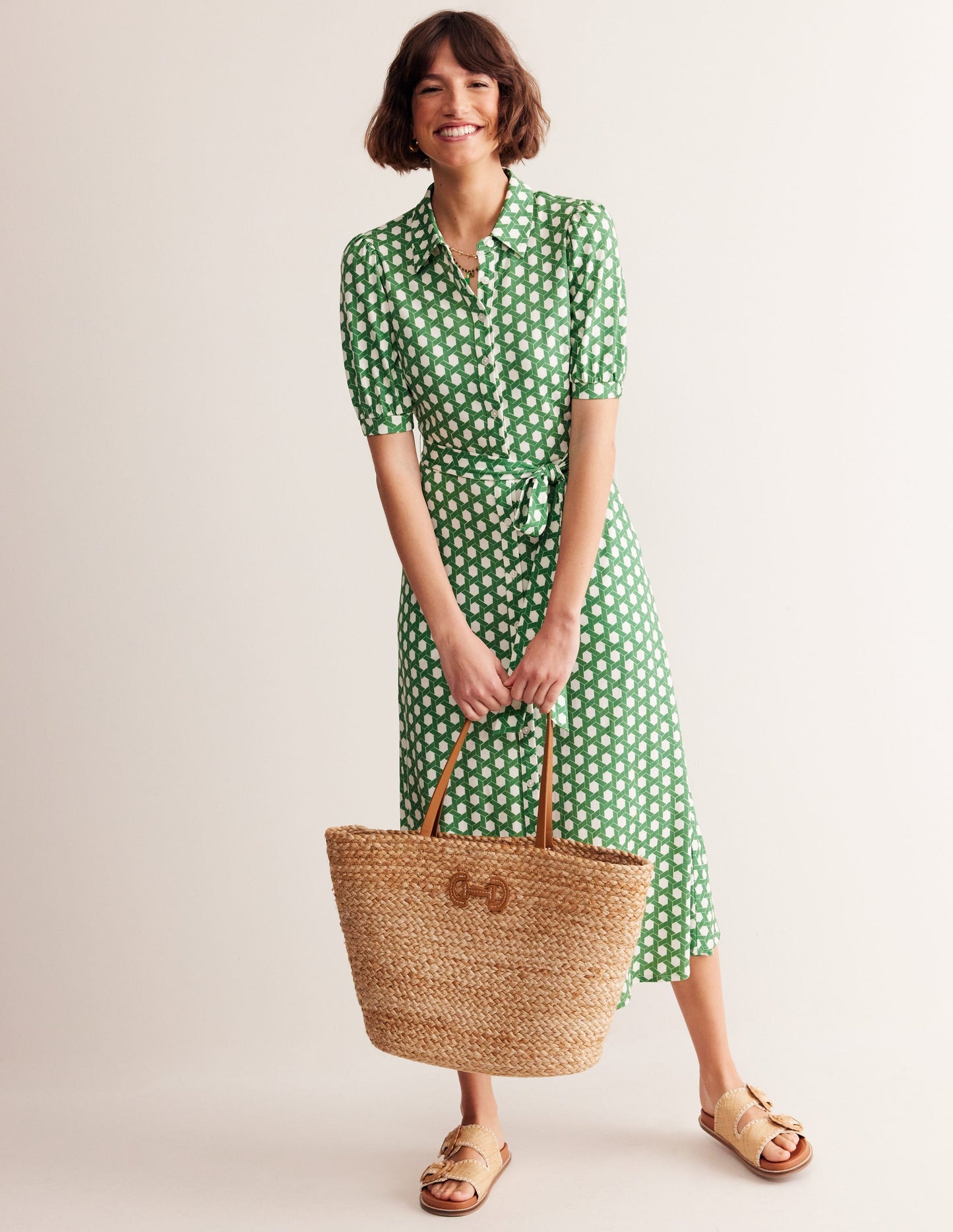 Libby Jersey Midi Shirt Dress-Green, Honeycomb Geo