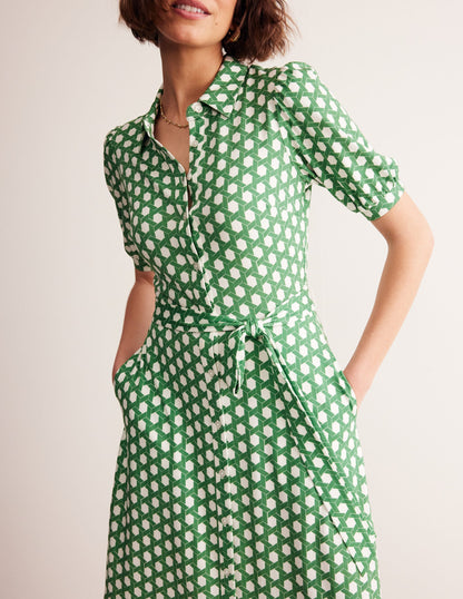 Libby Jersey Midi Shirt Dress-Green, Honeycomb Geo