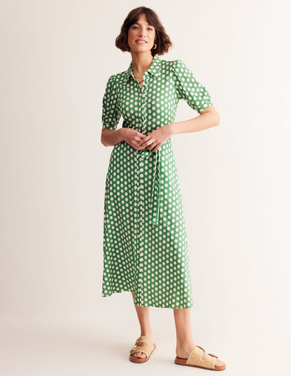 Libby Jersey Midi Shirt Dress-Green, Honeycomb Geo