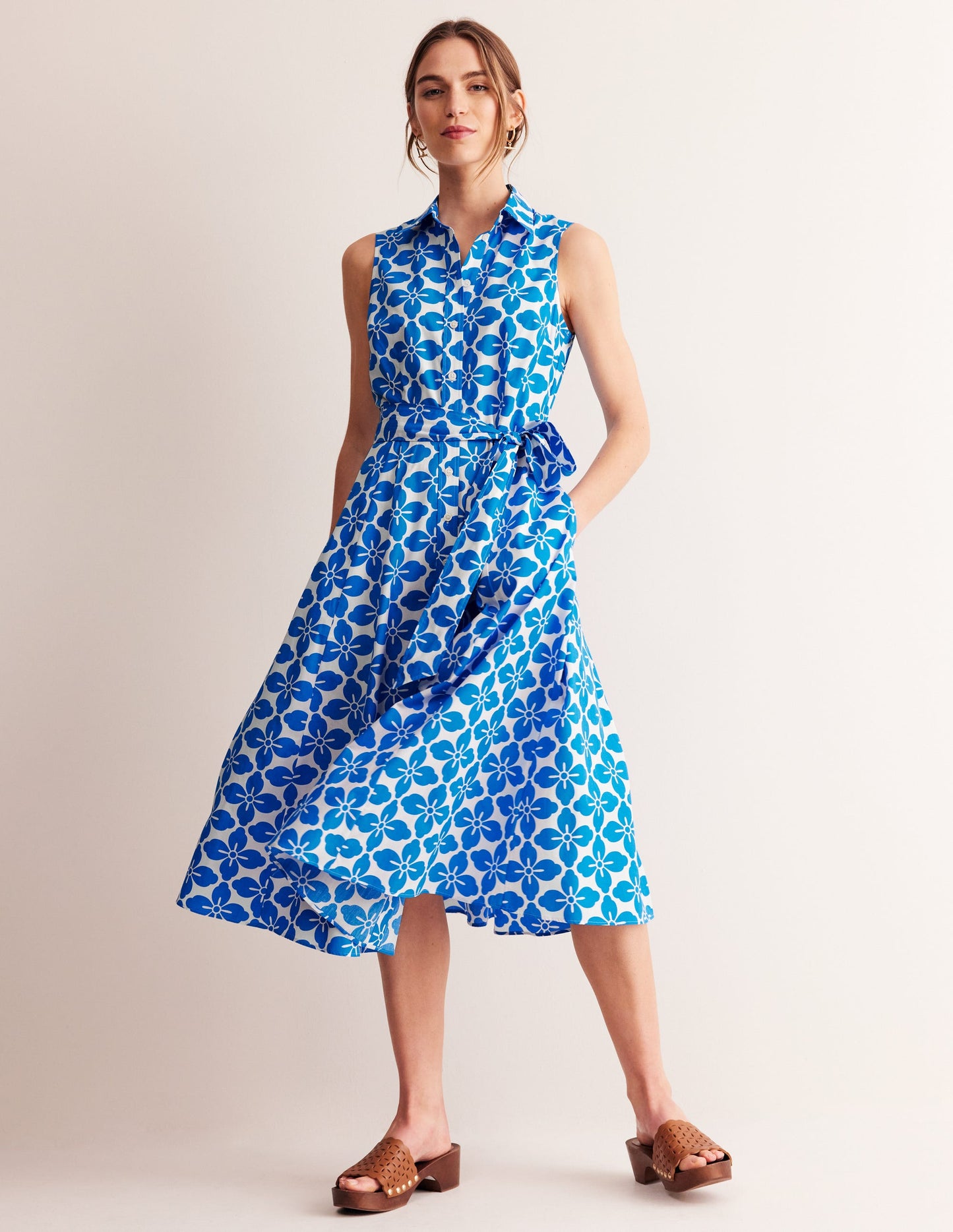 Amy Sleeveless Shirt Dress-Indigo Bunting, Floral Tile