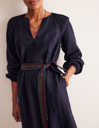 Linen Midi Smocked Dress-Navy