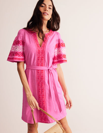 Embroidered Jersey Short Dress-Sangria Sunset