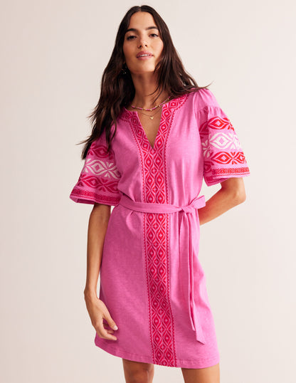 Embroidered Jersey Short Dress-Sangria Sunset