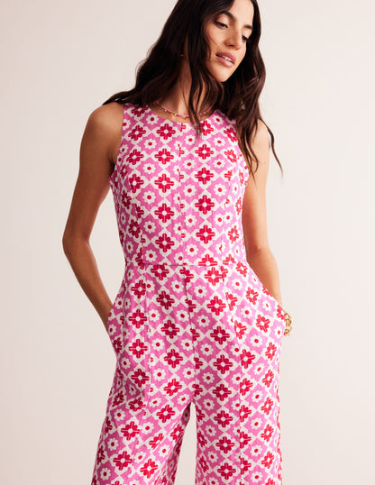 Carla Linen Jumpsuit-Pink Power, Geometric Stamp