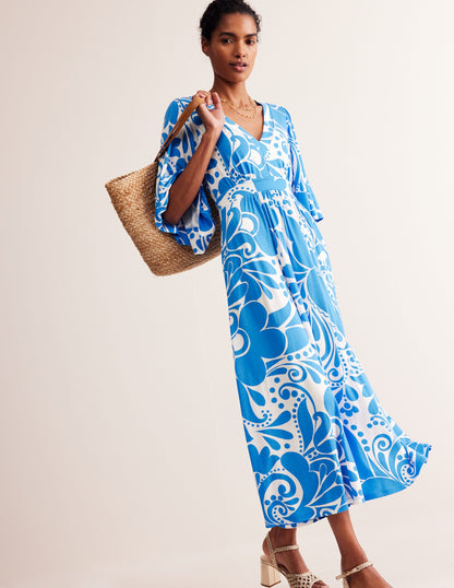 Maya Kimono Jersey Maxi Dress-Indigo Bunting, Ripple Swirl