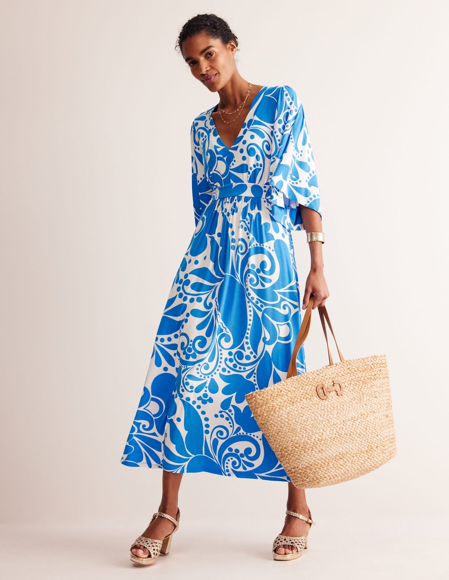 Maya Kimono Jersey Maxi Dress-Indigo Bunting, Ripple Swirl