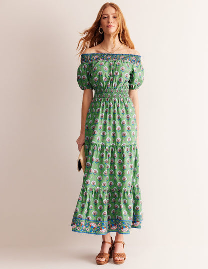 Cotton Midi Smocked Dress-Stone Green, Passion Geo