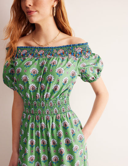 Cotton Midi Smocked Dress-Stone Green, Passion Geo