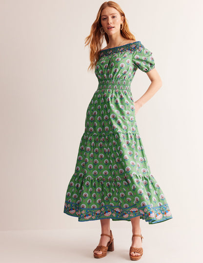 Cotton Midi Smocked Dress-Stone Green, Passion Geo