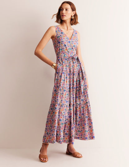 Cotton Tiered Midi Dress-Multi, Exotic Bloom