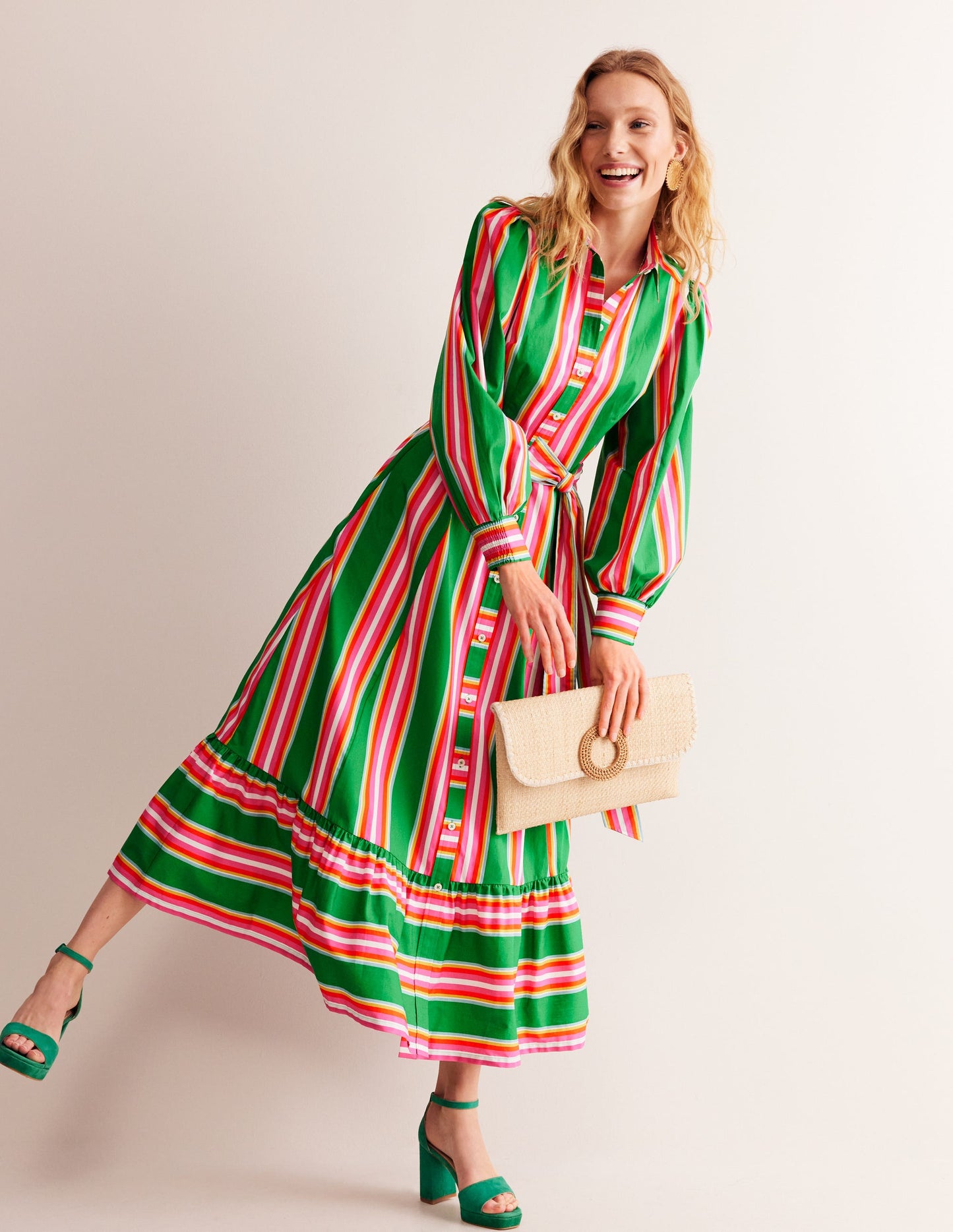 Cotton Midi Shirt Dress-Green Tambourine, Pink Stripe