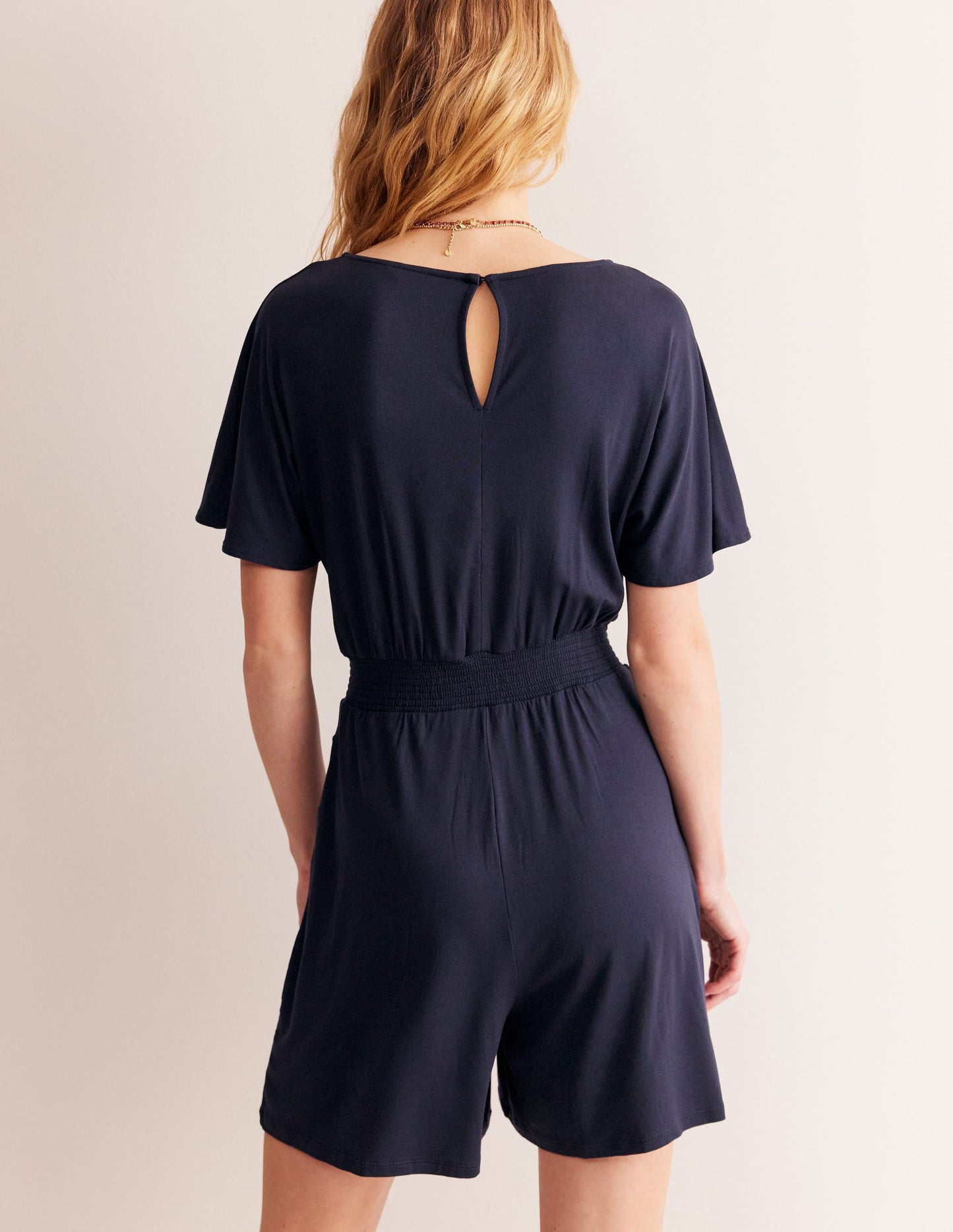 Smocked Jersey Playsuit-Navy