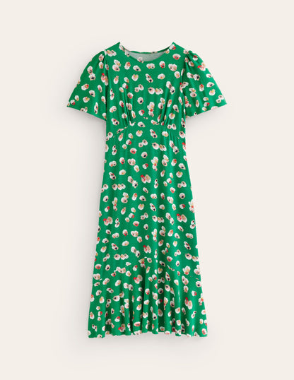 Felicity Jersey Midi Tea Dress-Green, Botanical Petal