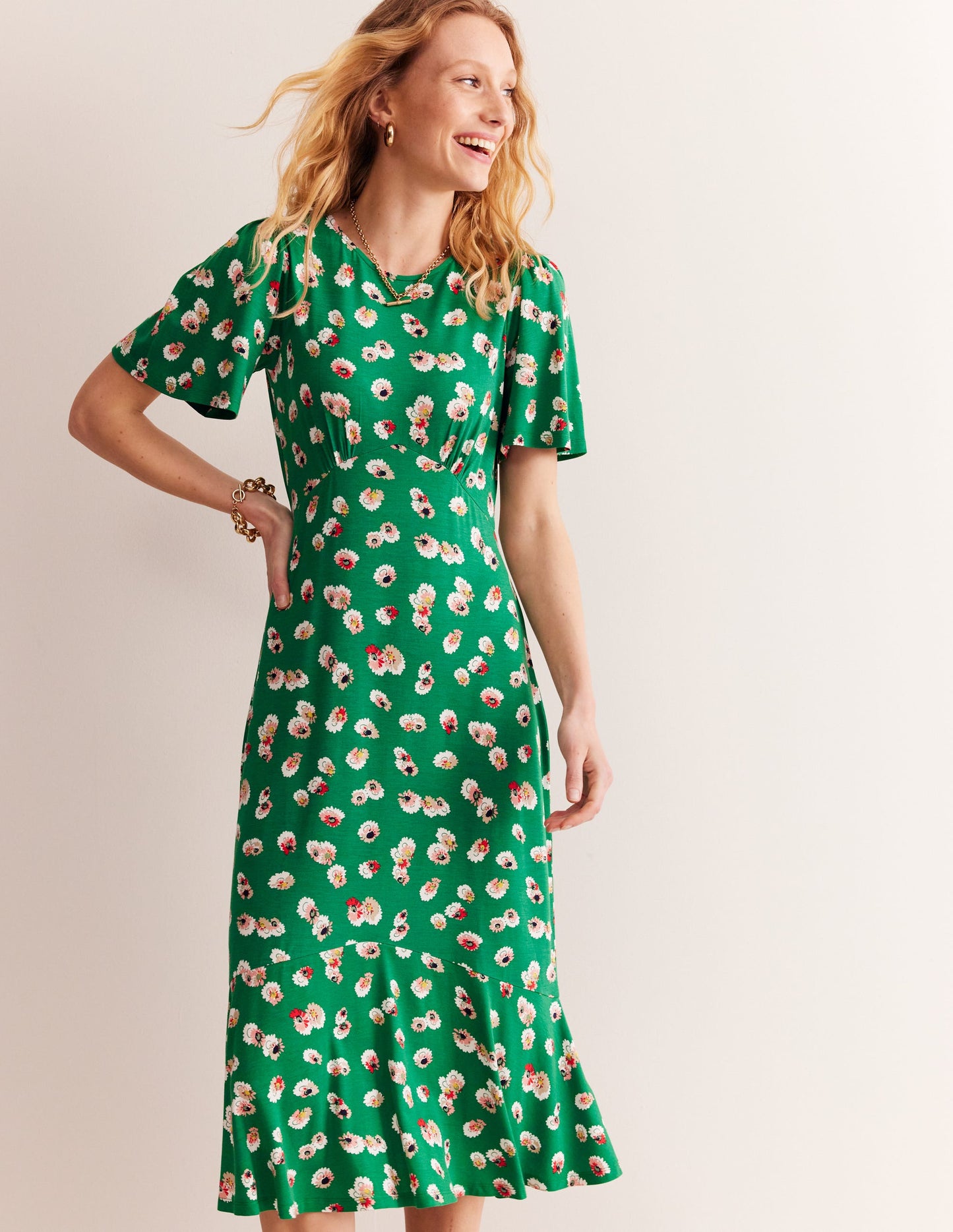 Felicity Jersey Midi Tea Dress-Green, Botanical Petal