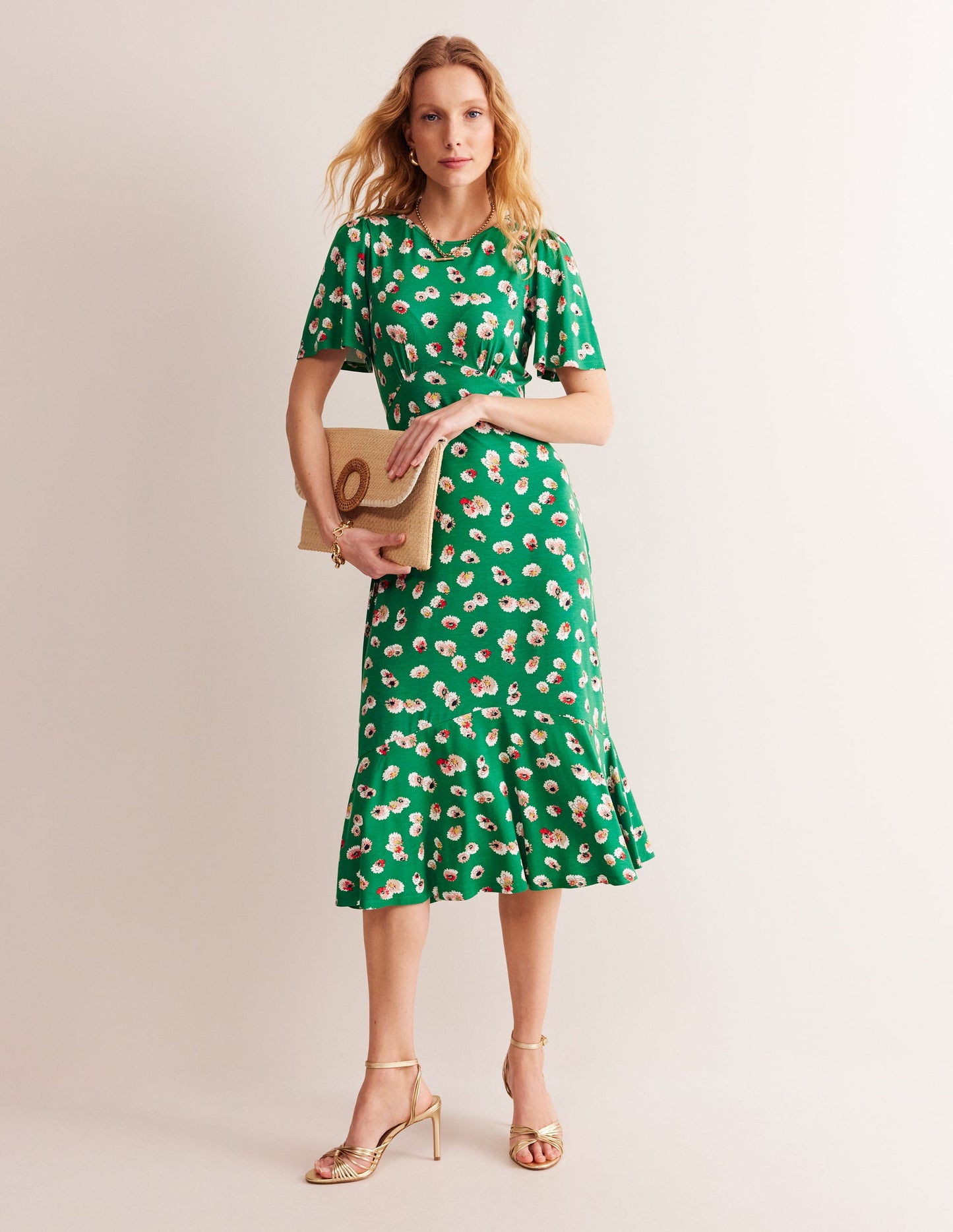 Felicity Jersey Midi Tea Dress-Green, Botanical Petal