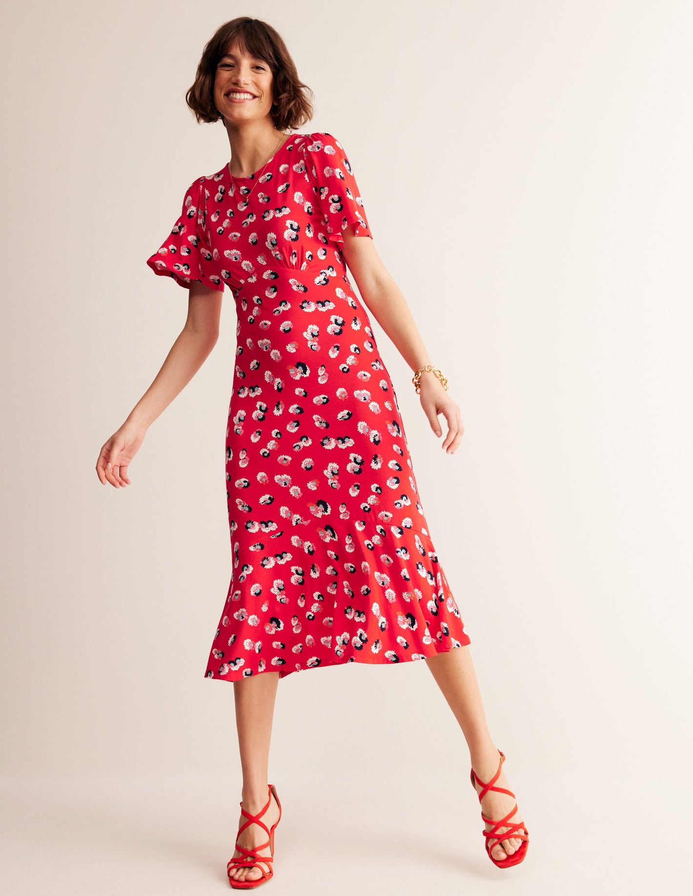 Felicity Jersey Midi Tea Dress-Flame Scarlet, Botanical Petal