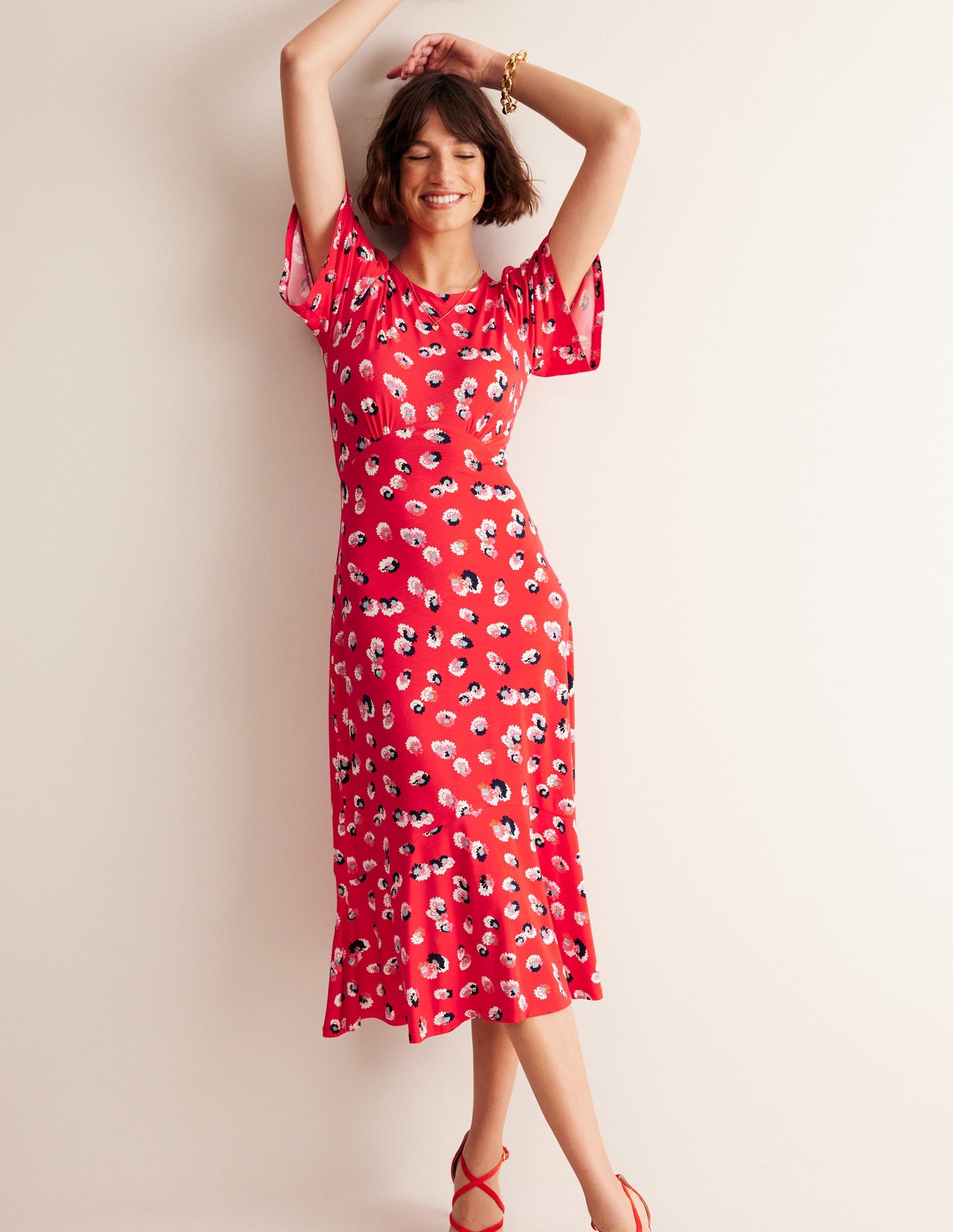 Felicity Jersey Midi Tea Dress-Flame Scarlet, Botanical Petal