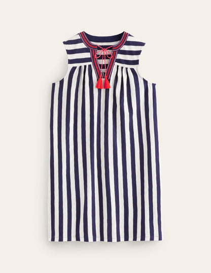 Nadine Notch Cotton Dress-Navy, Ivory Stripe