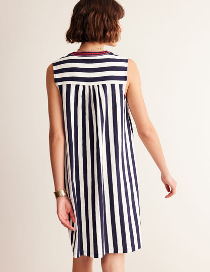 Nadine Notch Cotton Dress-Navy, Ivory Stripe