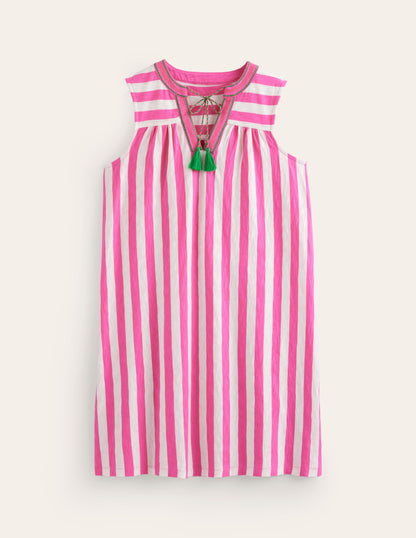 Nadine Notch Cotton Dress-Sangria Sunset, Ivory Stripe