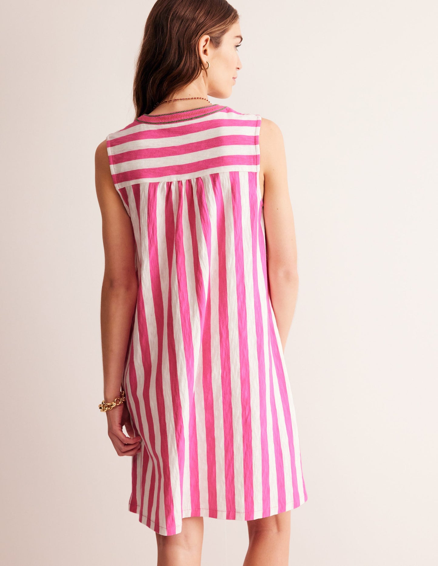 Nadine Notch Cotton Dress-Sangria Sunset, Ivory Stripe