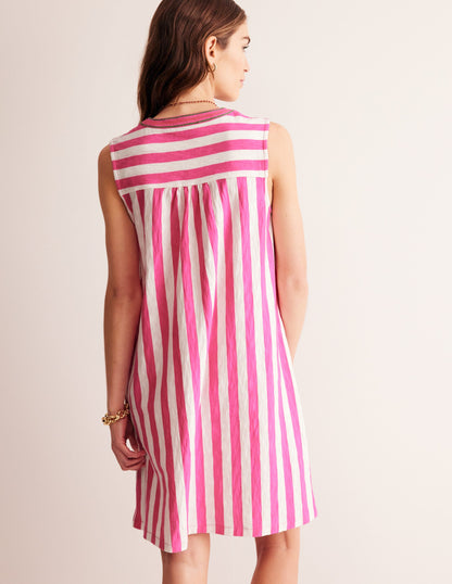 Nadine Notch Cotton Dress-Sangria Sunset, Ivory Stripe