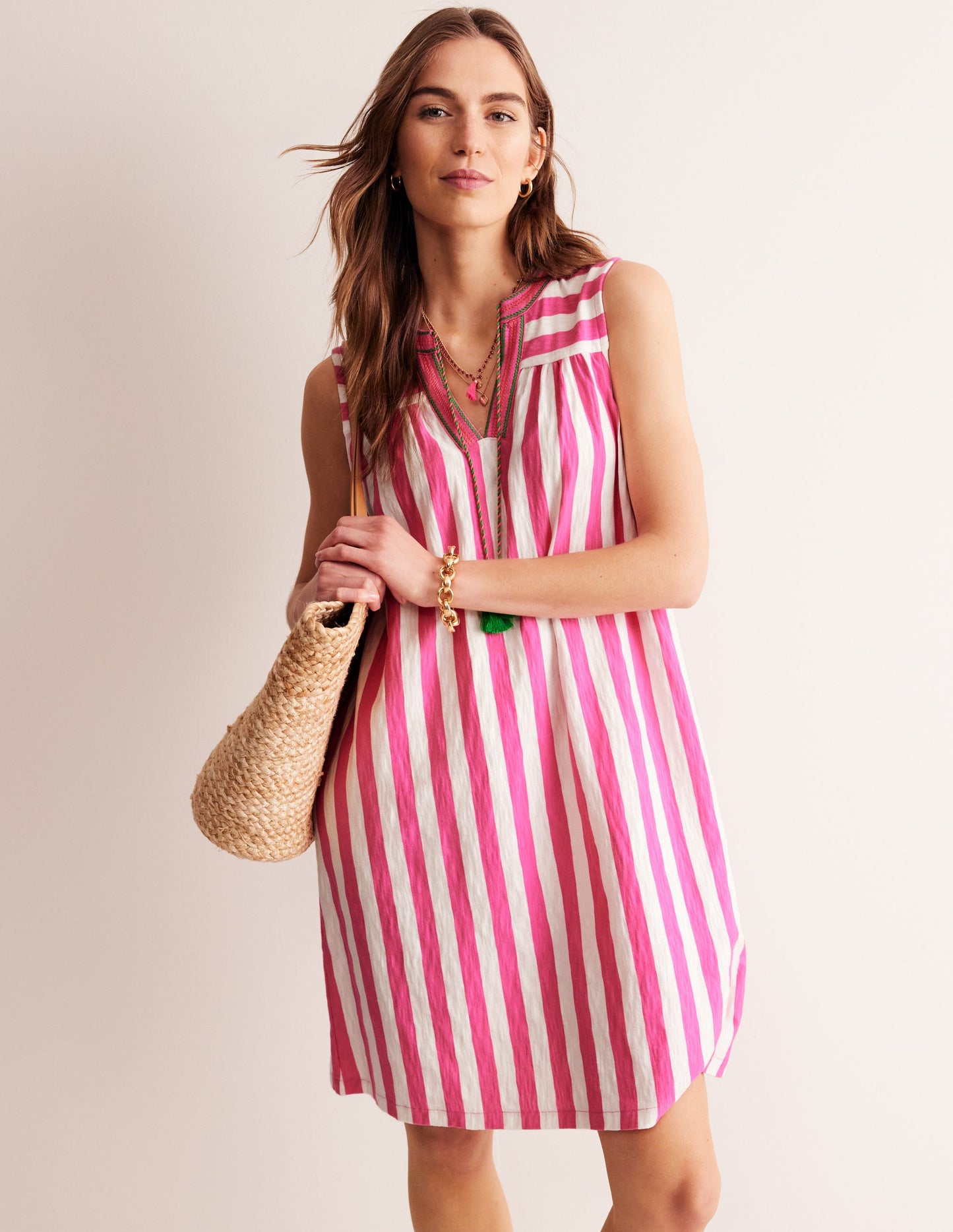 Nadine Notch Cotton Dress-Sangria Sunset, Ivory Stripe