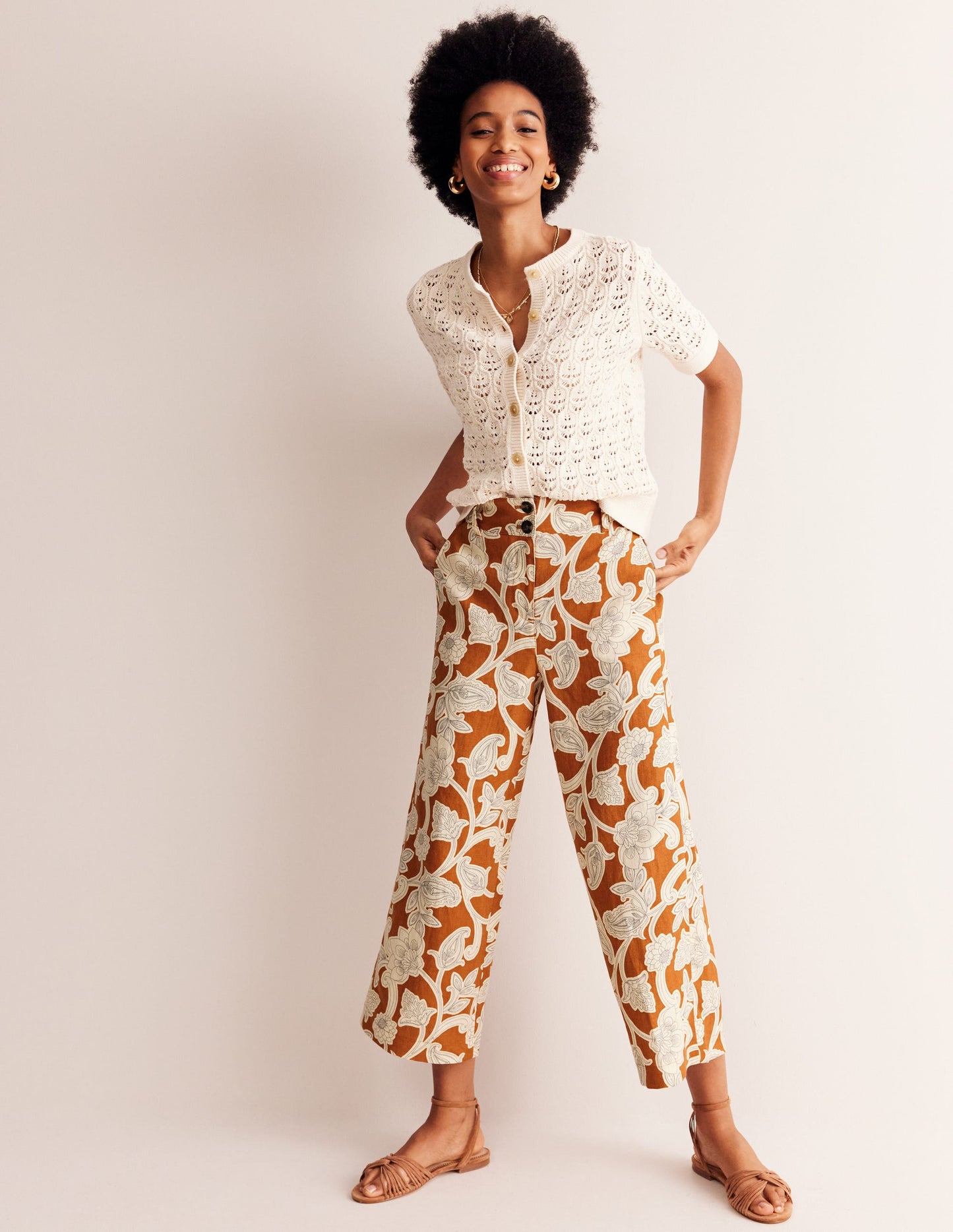 Westbourne Linen Crop Trousers-Umber, Paisley Whirl