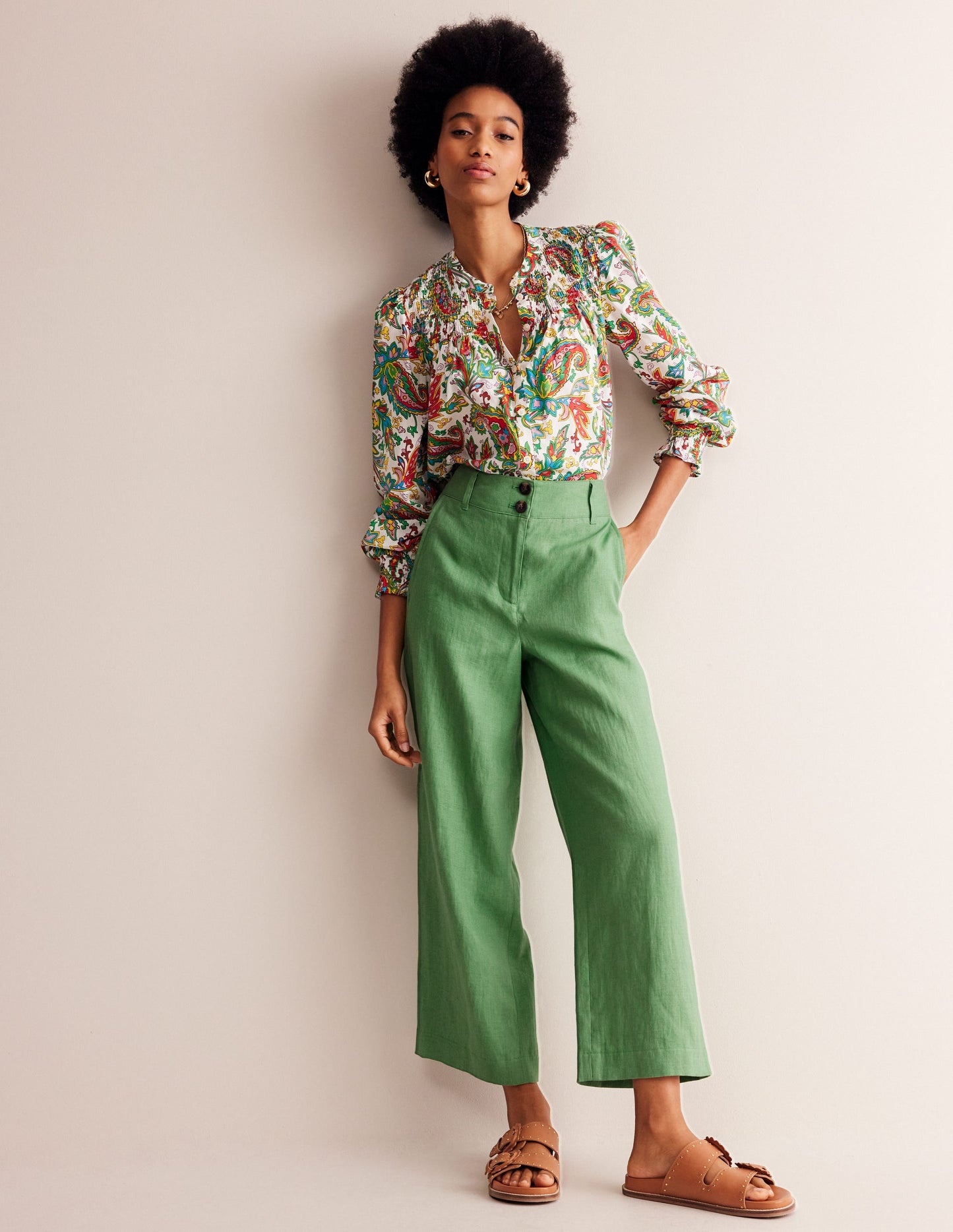 Westbourne Linen Crop Trousers-Stone Green