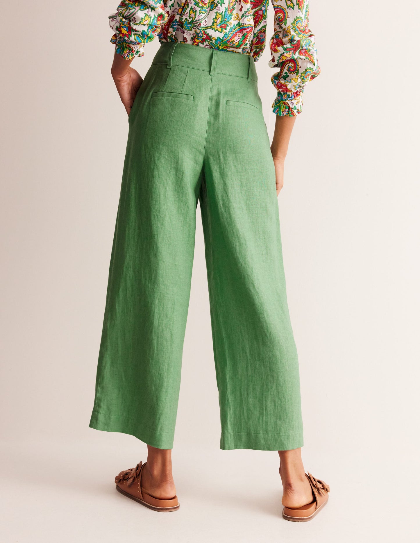 Westbourne Linen Crop Trousers-Stone Green