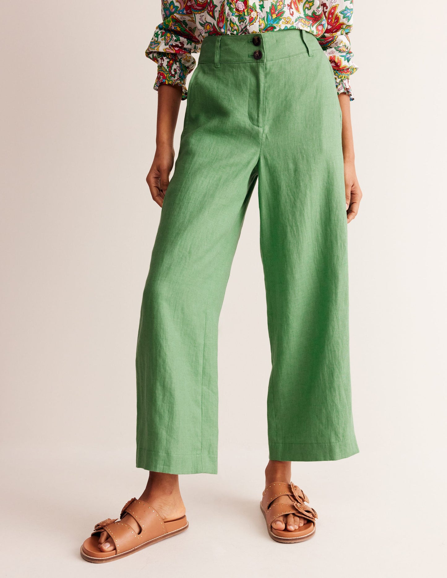 Westbourne Linen Crop Trousers-Stone Green