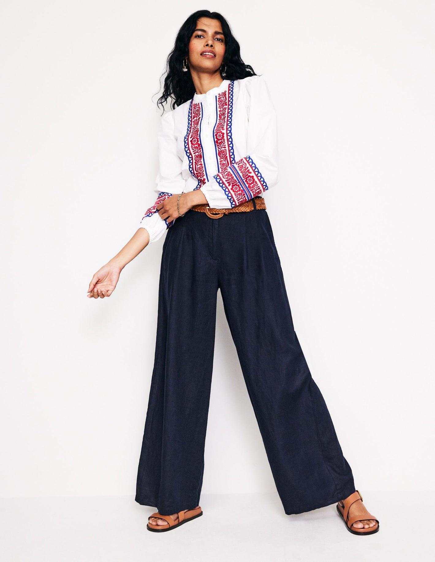 Regent Pleat Linen Trousers-Navy