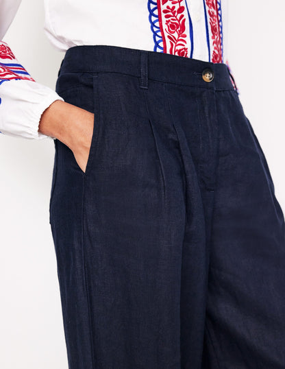 Regent Pleat Linen Trousers-Navy