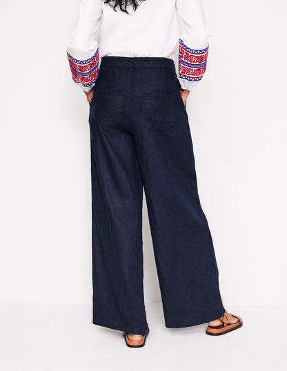 Regent Pleat Linen Trousers-Navy