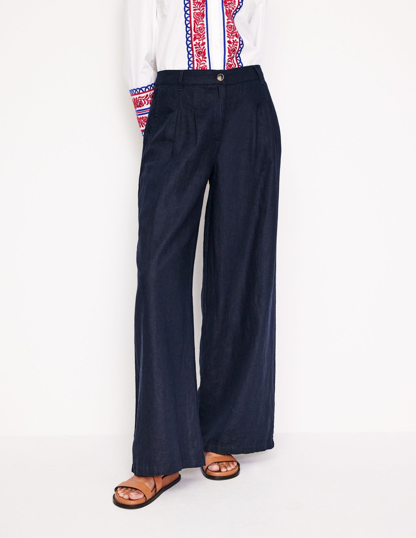 Regent Pleat Linen Trousers-Navy