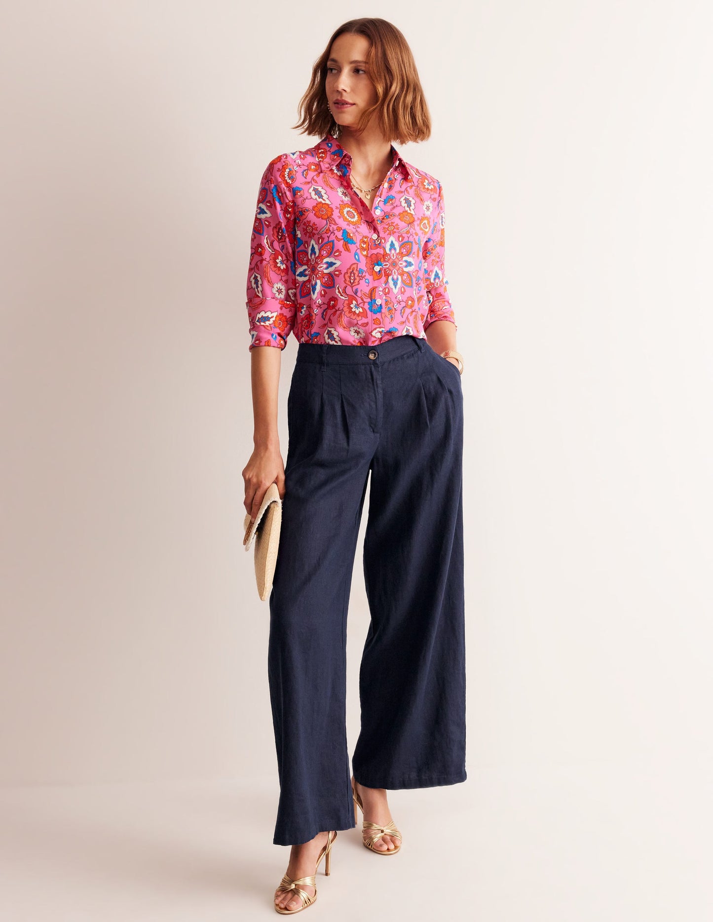 Regent Pleat Linen Trousers-Navy