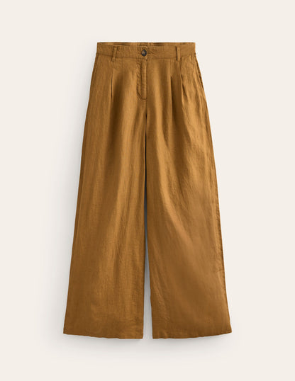 Regent Pleat Linen Trousers-Bronze Brown