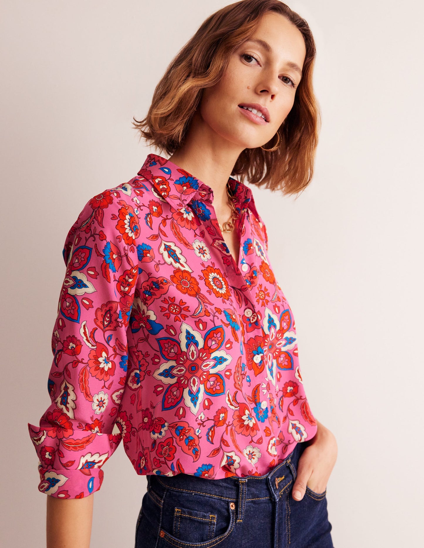 Sienna Silk Shirt-Pink, Botanical Wave