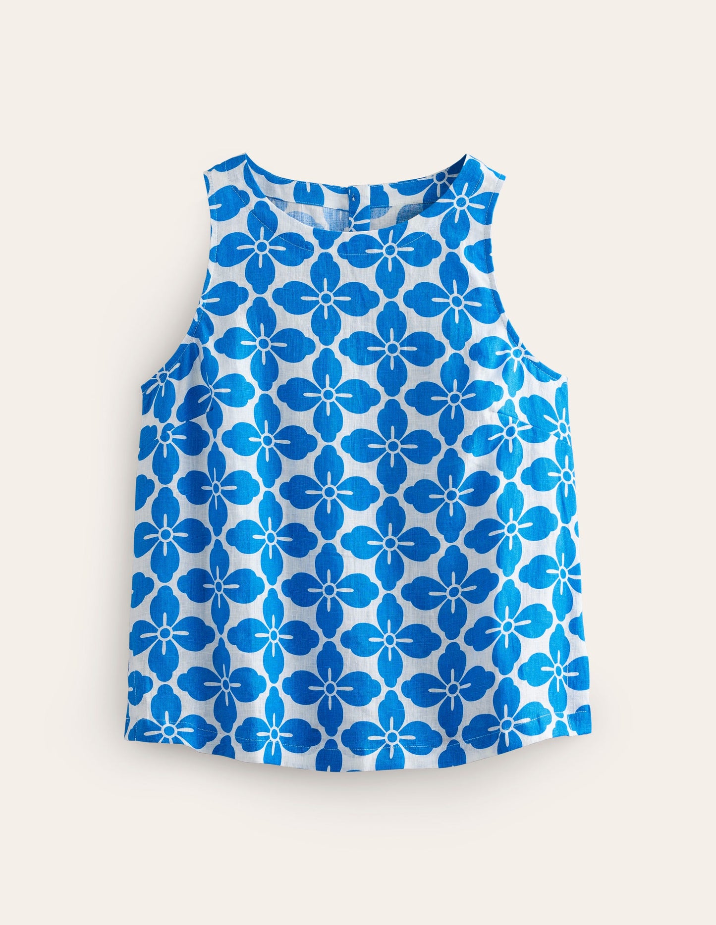 Linen Sleeveless Shell Top-Cerulean Blue, Floral Tile