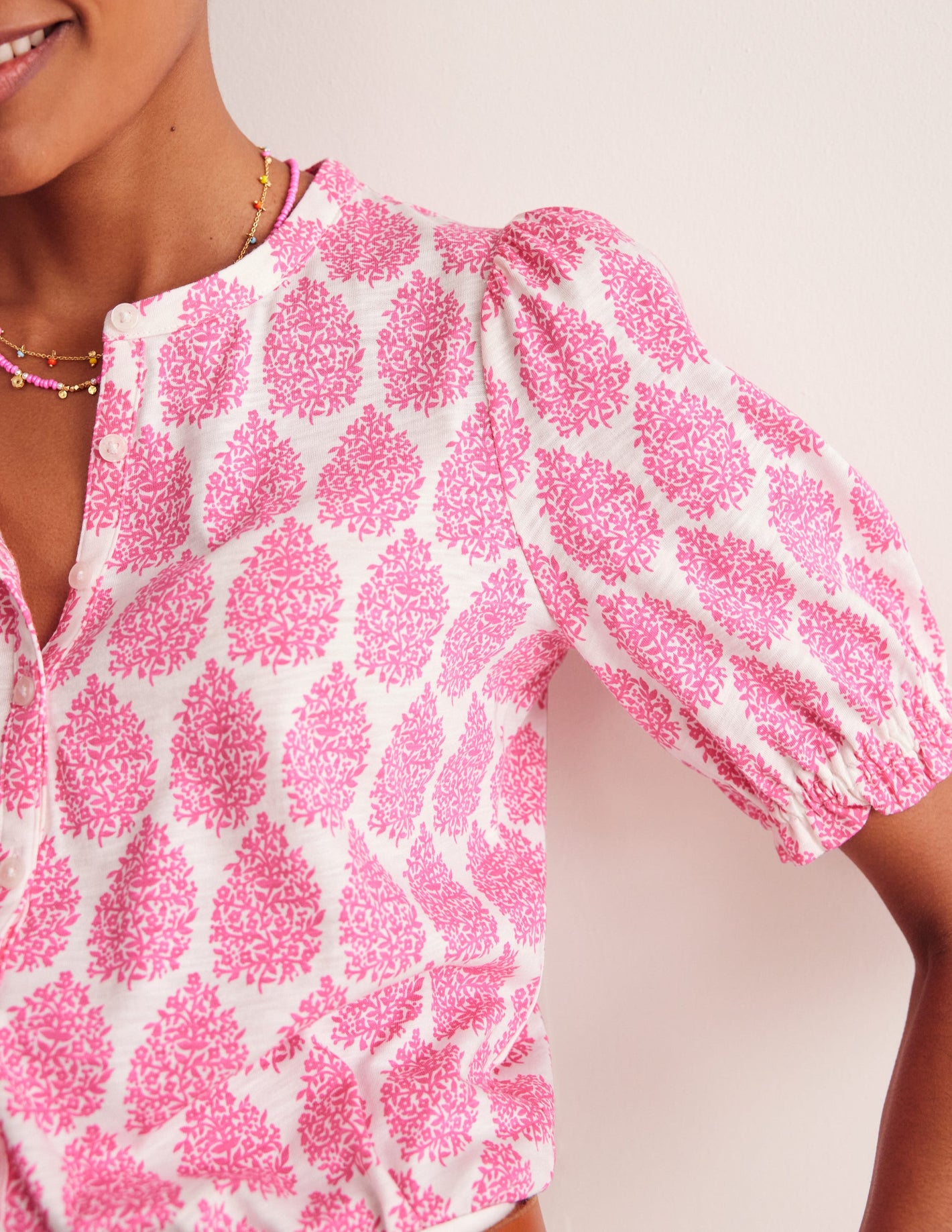 Dolly Puff Sleeve Jersey Shirt-Sangria Sunset, Floret Paisley