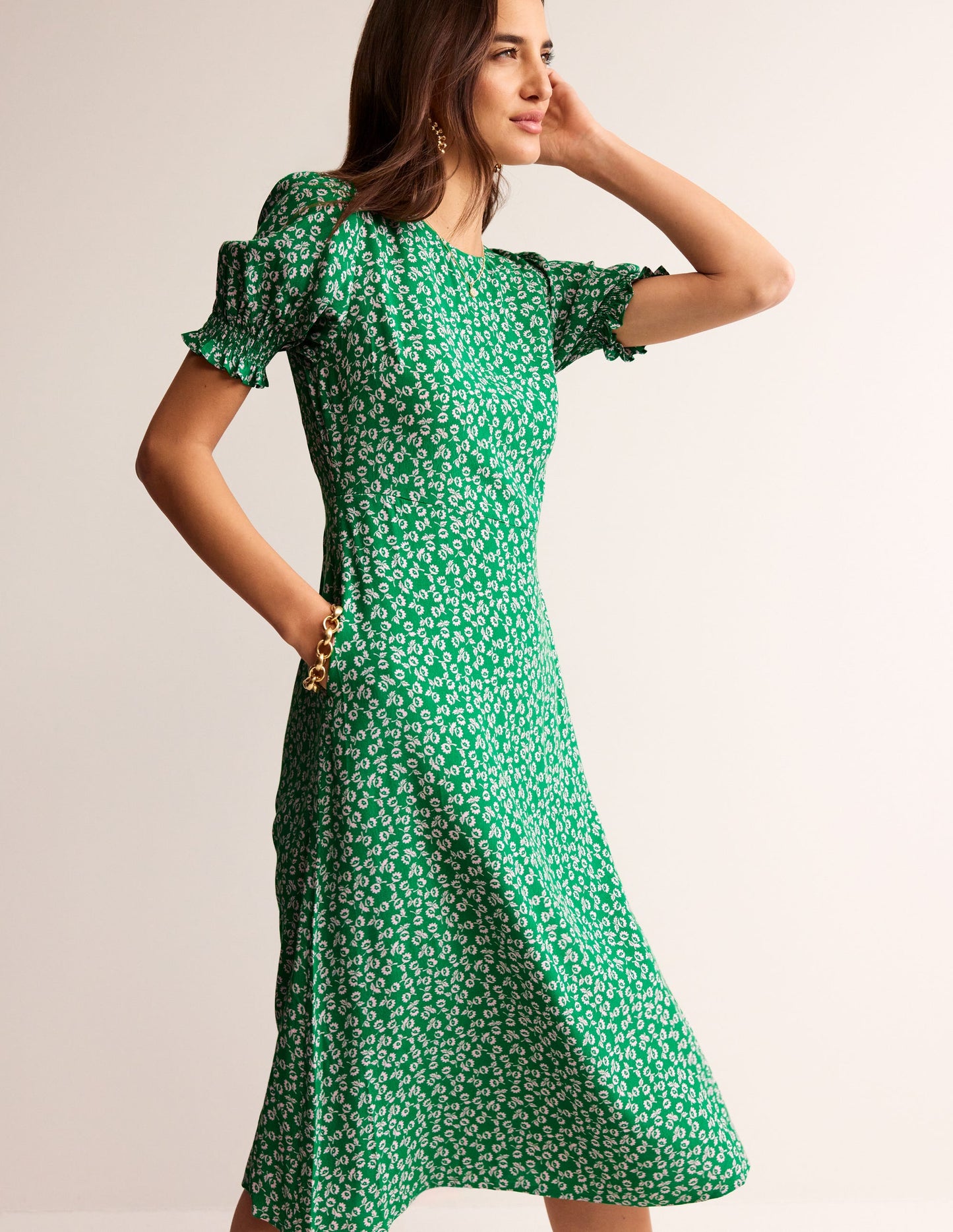 Corinne Midi Tea Dress-Green Tambourine, Ditsy Bud