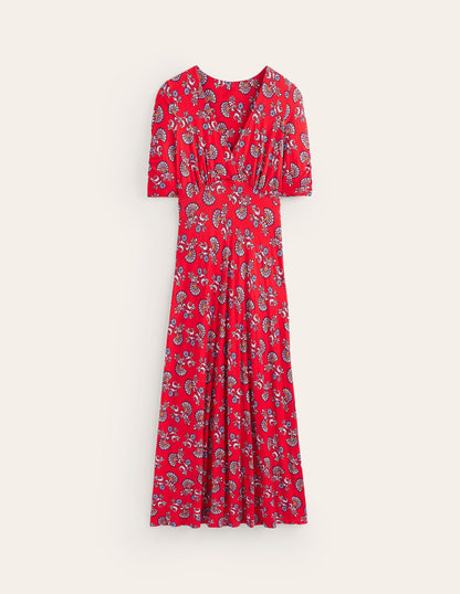 Rebecca Jersey Midi Tea Dress-Flame Scarlet, Botanical Bunch