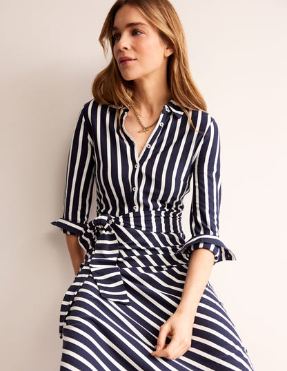 Laura Jersey Midi Shress-French Navy, Ivory Stripe