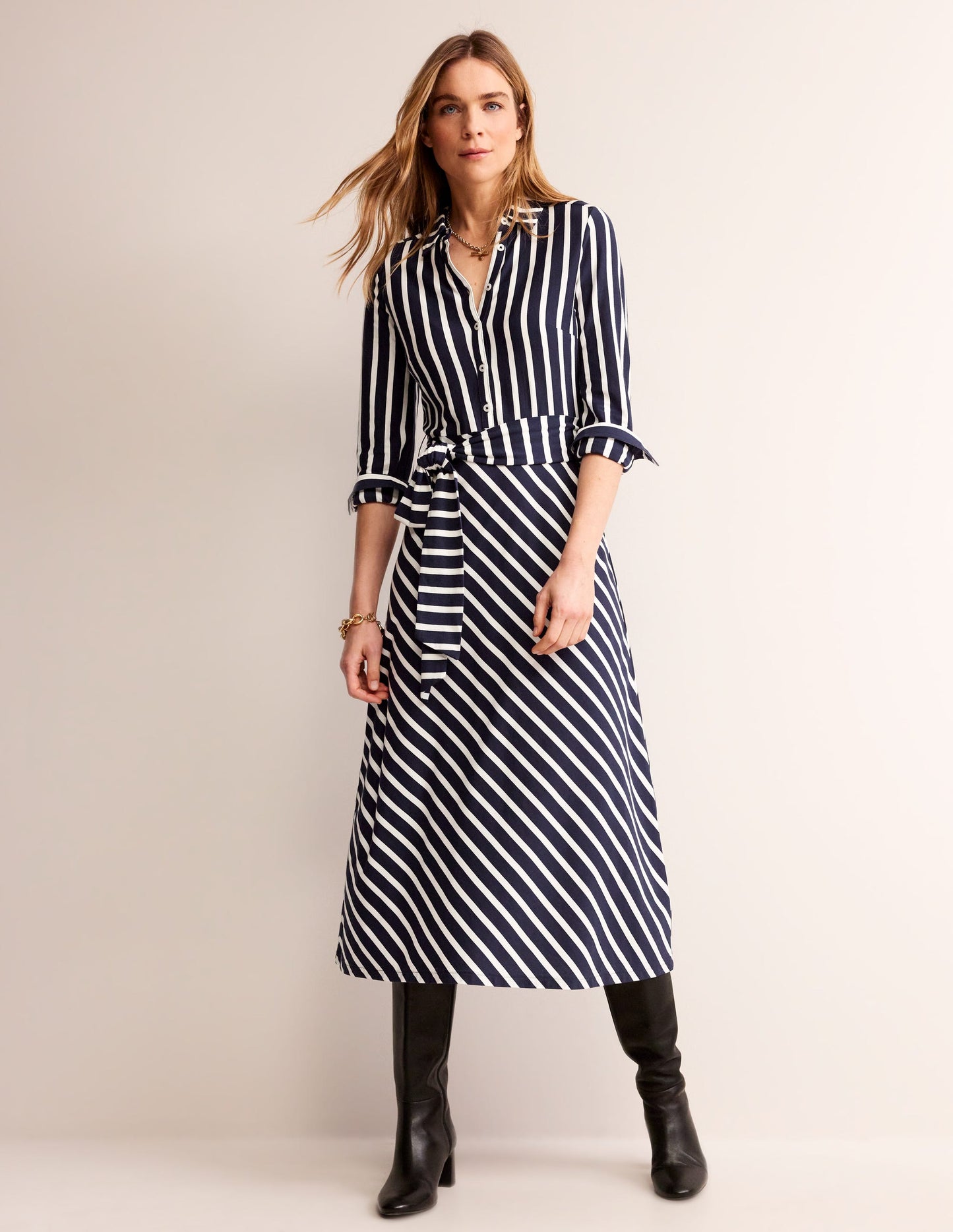 Laura Jersey Midi Shress-French Navy, Ivory Stripe