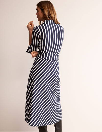 Laura Jersey Midi Shress-French Navy, Ivory Stripe