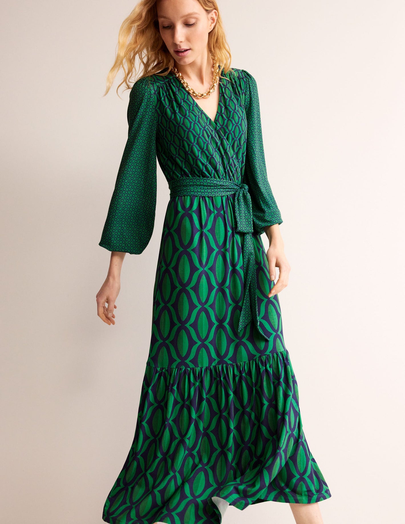 Jersey Maxi Wrap Dress-Veridian Green, Geo Valley