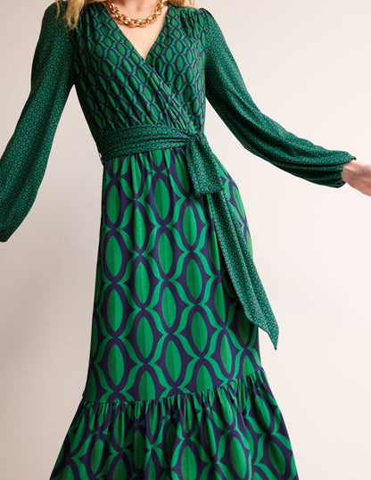 Jersey Maxi Wrap Dress-Veridian Green, Geo Valley